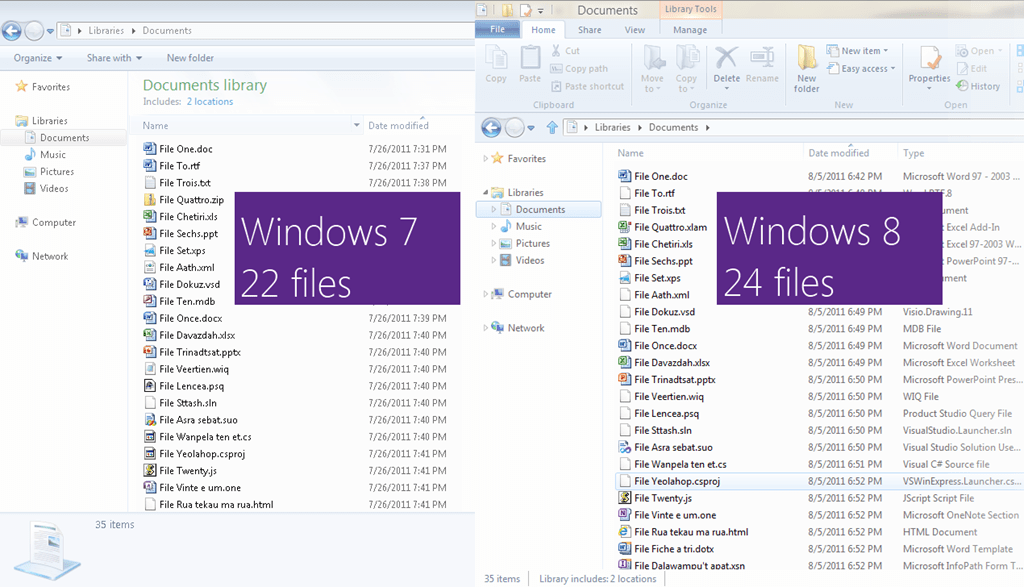 Windows Explorer information density comparison Windows 7 + 8